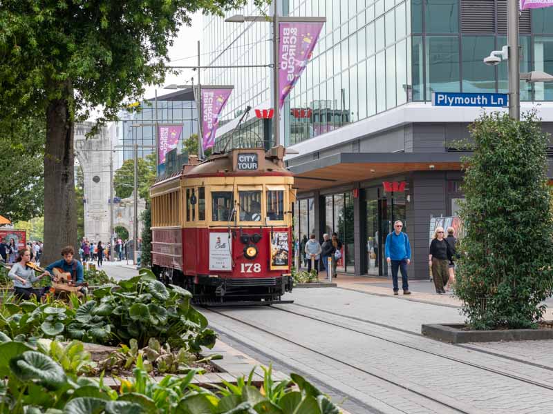 Tramway au centre-ville de Christchurch en Nouvelle-Zélande