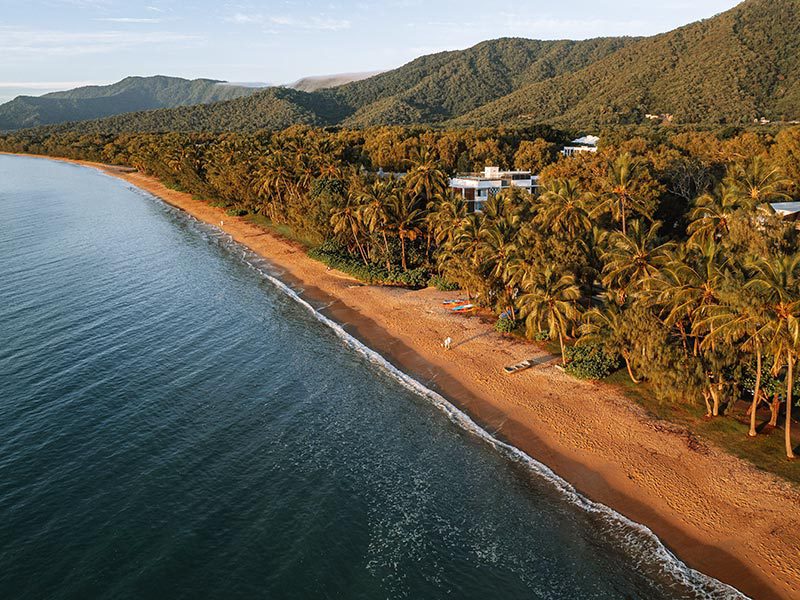 Vue aérienne d'une plage et de la forêt tropicale près de Cairns en Australie