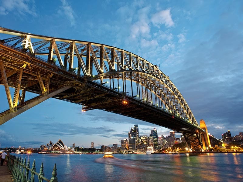 Vue du pont de Sydney de nuit avec l'opéra en arrière plan en Australie