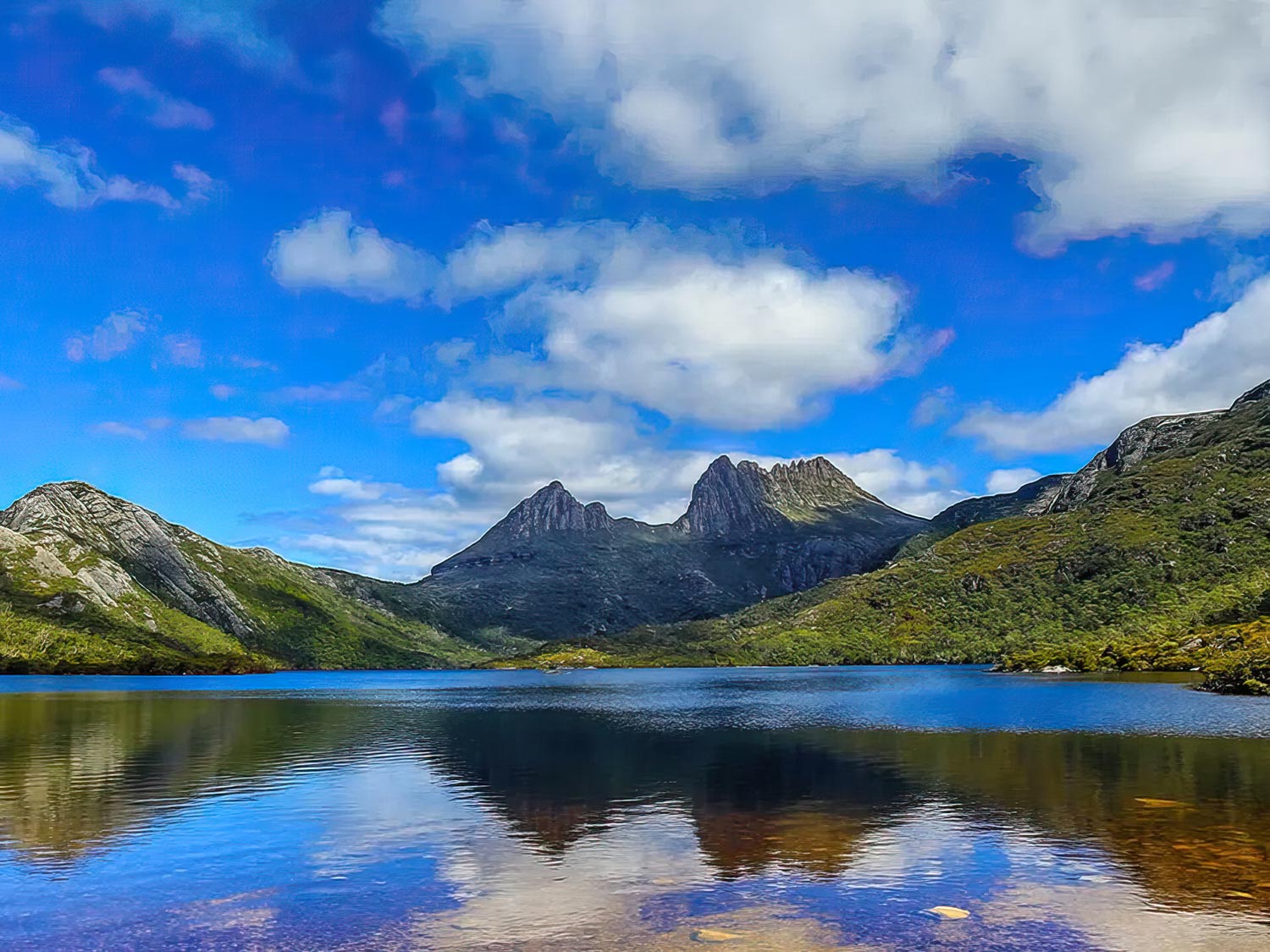 Vue sur un lac et les montagnes dans le parc national Cradle Mountain en Tasmanie