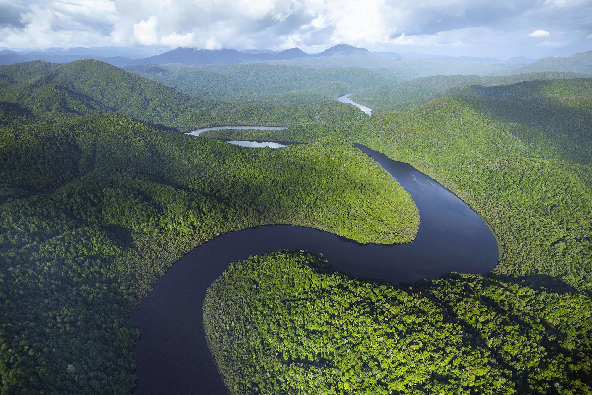 Vue aérienne des méandres de la rivière Gordon entourée de forêt près de Strahan en Tasmanie, Australie