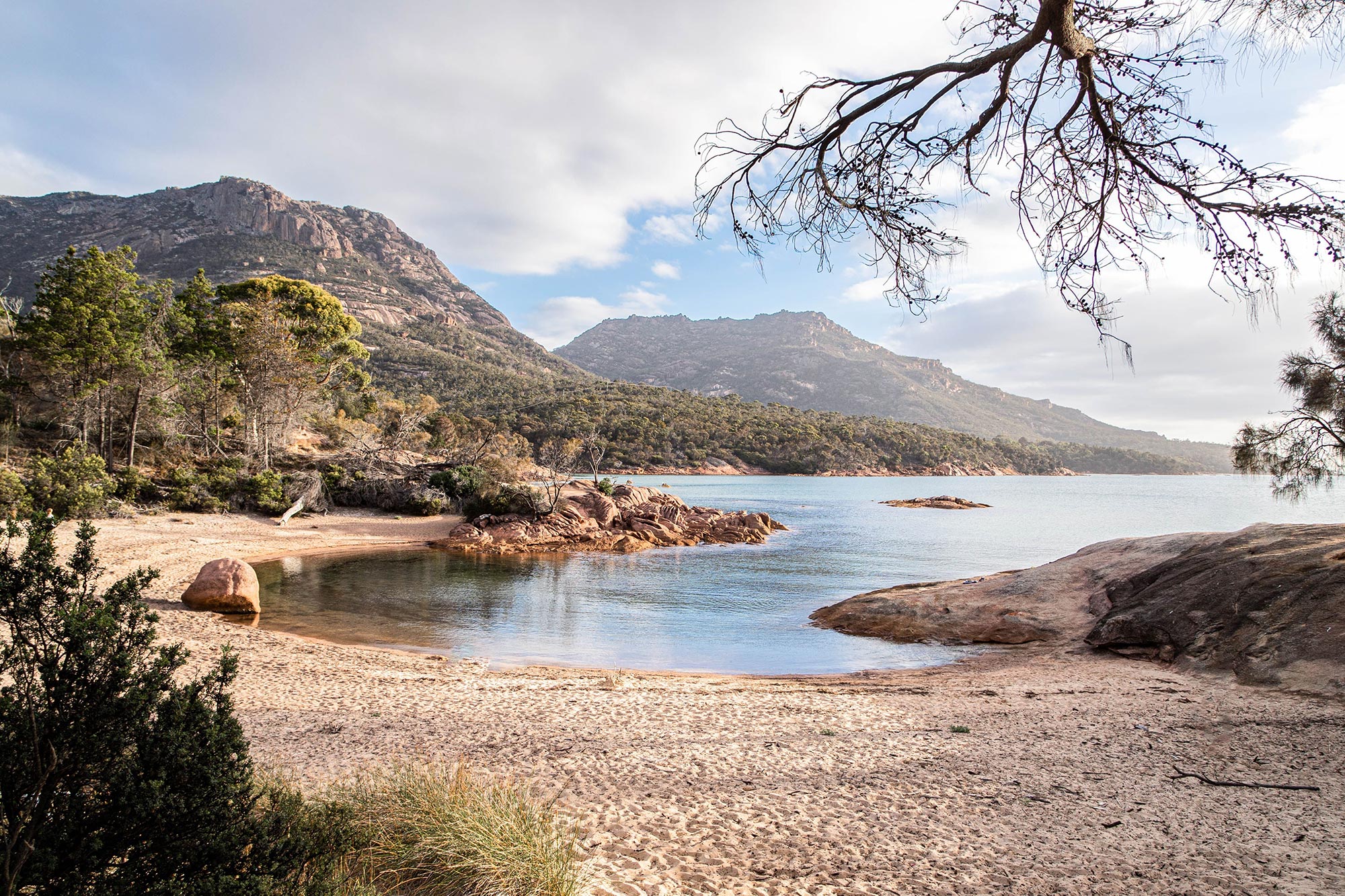 Plage en forme de fer à cheval dans le parc national de Freycinet en Tasmanie, Australie